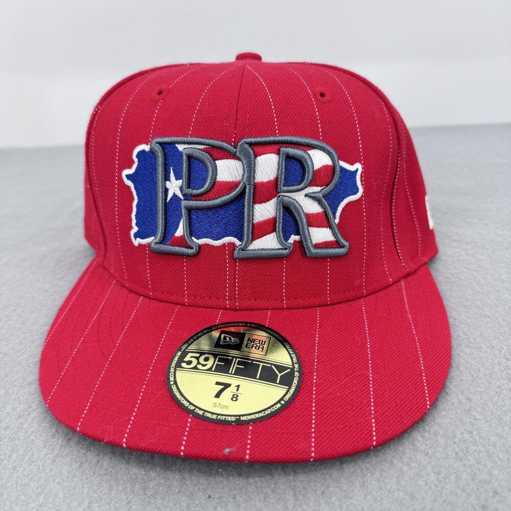Puerto Rico PR Hat Cap Fitted Mens 7 1/8 Red Flag‎ Pinstripe New Era 59FIFTY